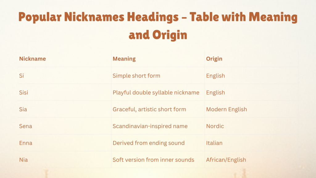Popular Nicknames Headings – Table with Meaning and Origin