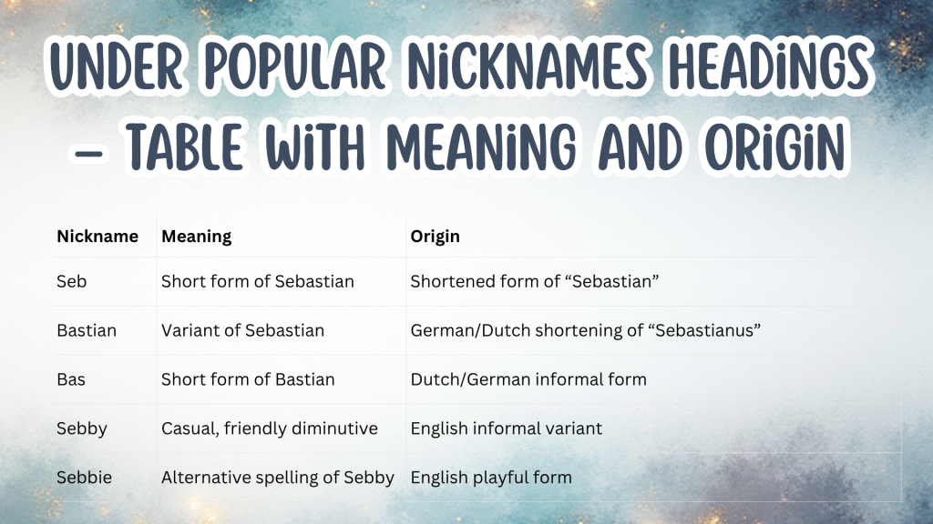 Under Popular Nicknames Headings – Table with Meaning and Origin